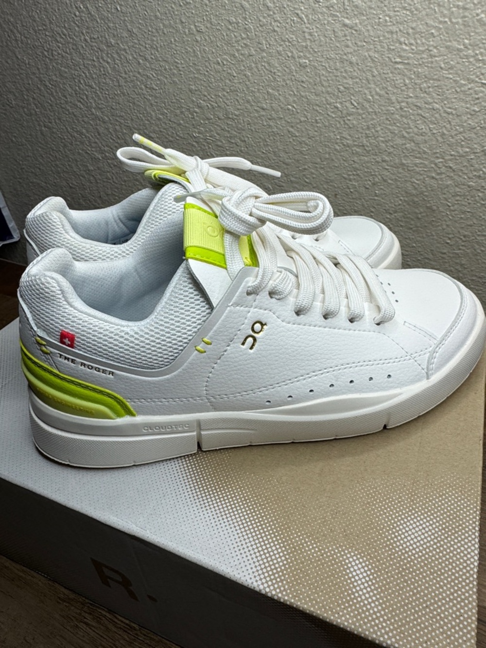 On Running Kids White Sneakers with Neon Lime Accent - Picture 3 of 6